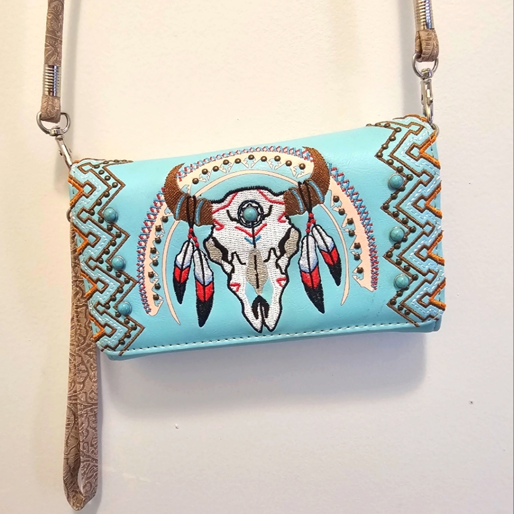 Western Turquoise Clutch Cross-body Purse Wallet